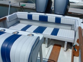 Blue and white stripe aft bench